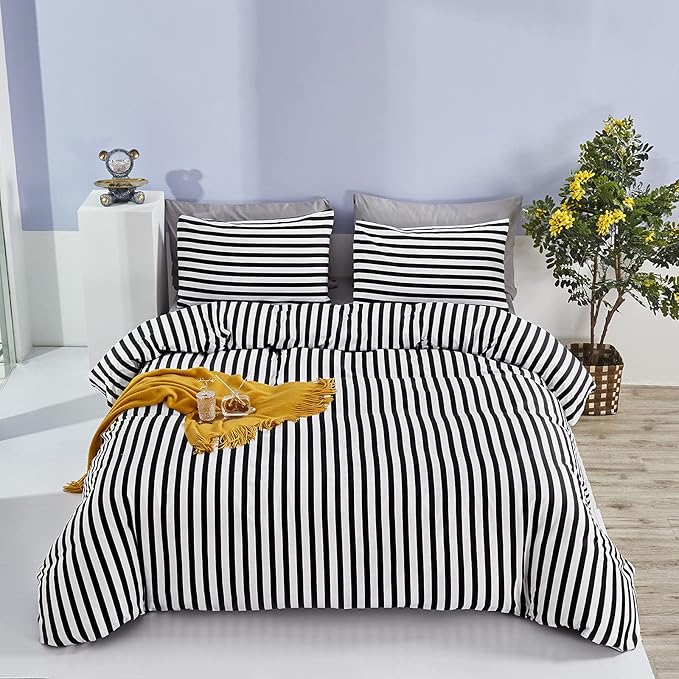 CLOTHKNOW Striped California King Comforter Set Black and White Bedding Comforter Sets All Season Farmhouse Ticking Comforter with 2 x Pillow Cases