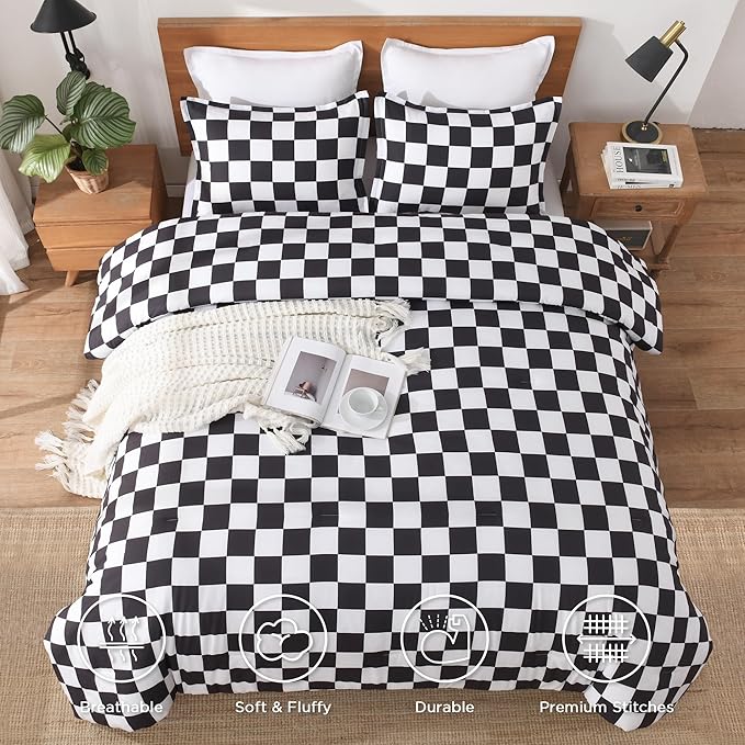 Andency Checkered Comforter Twin(66x90Inch), Black White Plaid Gingham Buffalo Grid Bedding Comforter Sets for Boys Kids Teens, 2 Pieces Lightweight Microfiber Geometric Preppy Bed Set