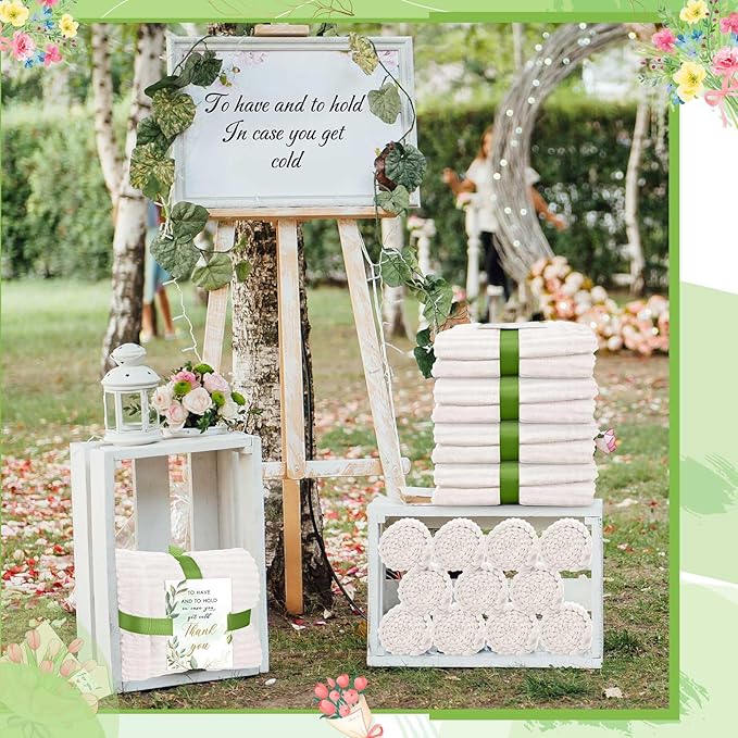 Buryeah 36 Pcs Wedding Flannel Fleece Throw Blanket Bulk with Thank You Card and Ribbon, 50 x 60 in Oeko-TEX Standard 100 Certified Blankets Outdoor Wedding, Guest Party Souvenirs (Cream White)
