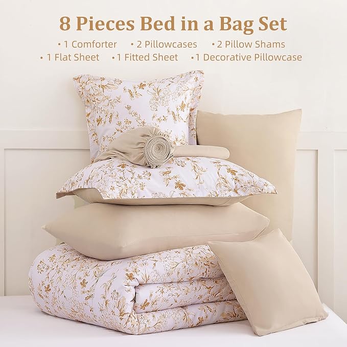 WONGS BEDDING King Size Comforter Set, 8 Pieces Autumn Leaf Floral Bed in a Bag Comforter Sets, Botanical Print Soft Fluffy Microfiber Complete Bedding Sets for All Season (90"x104")