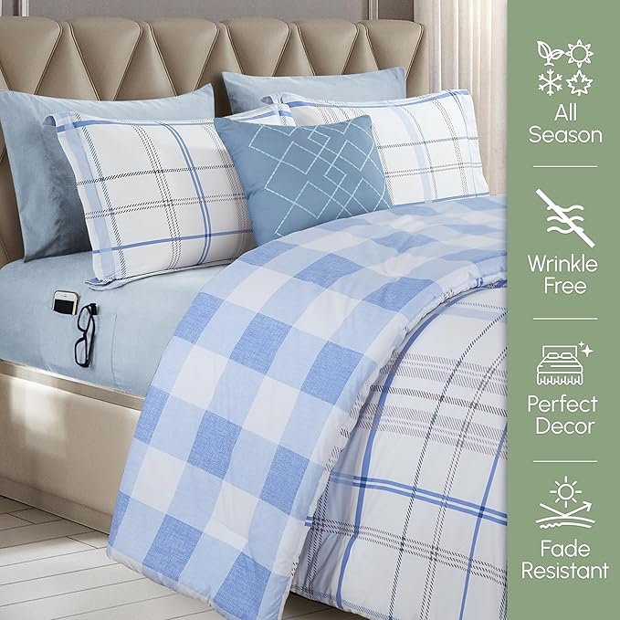 Elegant Comfort 8-Piece Lodge Plaid Reversible Comforter Set - All Season Bed in a Bag, 4-Piece Sheet Set Featuring Smart Pockets, Matching Shams and Decorative Pillow, King/California King, Aqua
