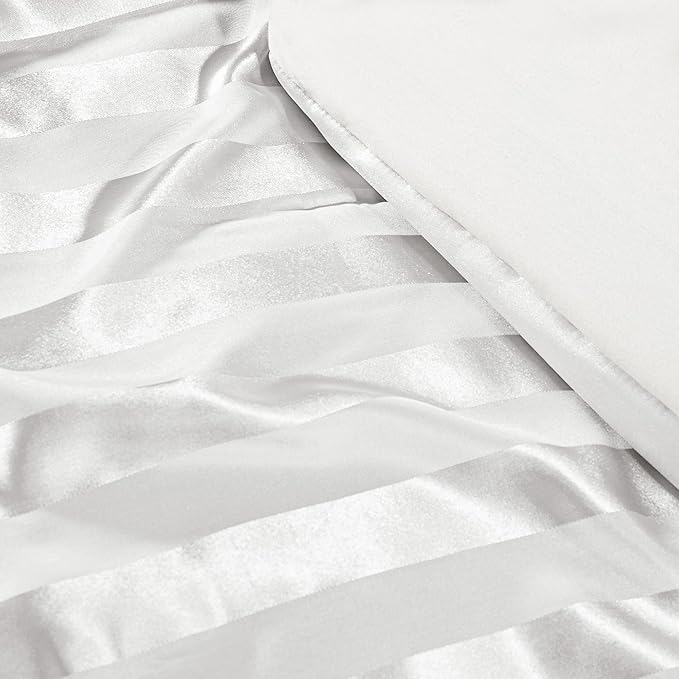 Whale Flotilla 3-Piece Reversible Silky Soft King Size Comforter Set, Luxury Stripe Satin Oversized Comforter Bedding Set with 2 Satin Pillowcases, Lightweight Duvet for All Seasons, White
