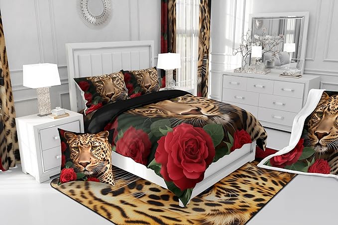 Erosebridal Red Rose Cheetah Bedding Set,Cat Leopard Print Comforter Set,Romantic Flowers Down Comforter,Animal Theme Bedroom Decor for Boys Girls Youth Men Women Female,King Size