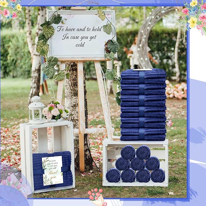 Buryeah 12 Pcs Wedding Flannel Fleece Throw Blanket Bulk with Thank You Card and Ribbon, 50 x 60 in Oeko-TEX Standard 100 Certified Blankets Outdoor Wedding, Guest Party Souvenirs (Navy)
