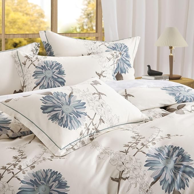 Cotton Comforter Twin Size Set – White Blue Floral Brown Leaf Bedding, Soft & Breathable Comforter, All-Season Down-Alternative Filling, 1 Comforter & 1 Pillow Sham