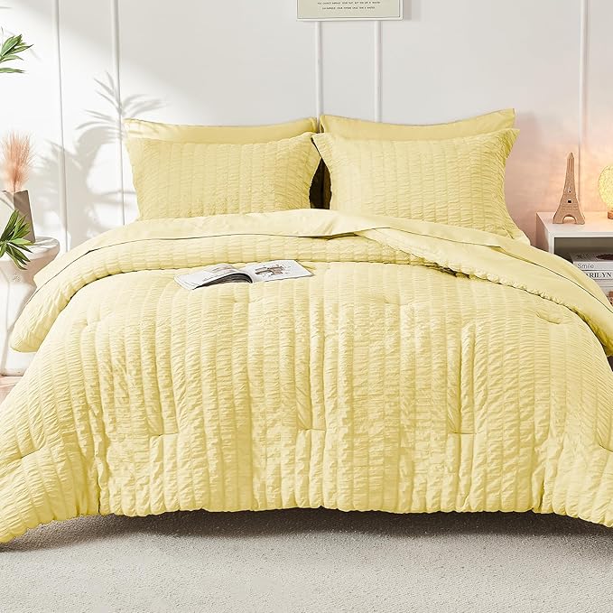 HYMOKEGE Yellow California King Comforter Set Seersucker 7 Pieces, All Season Luxury Bed in a Bag for Bedroom, Bedding Set with Comforter, Sheets, Pillowcases & Shams