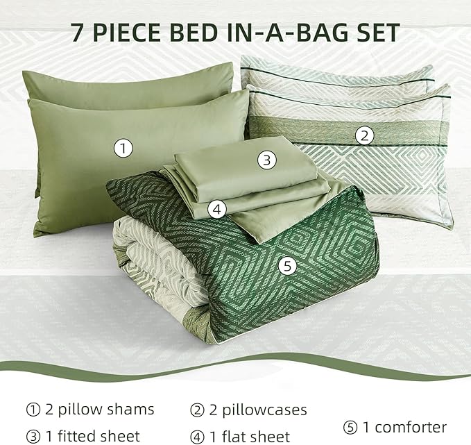 Drucon Christmas Olive Green Striped Comforter Set Queen Size 7 Pieces Reversible Bedding Set, Boho Bed in a Bag, Soft Microfiber Comforter and Sheet Set for All Season