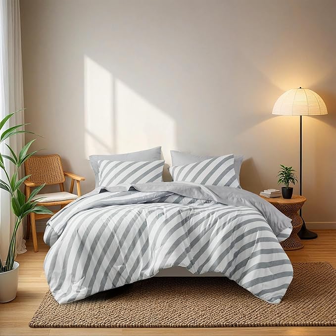 Reversible Striped Queen Comforter Set, Soft Microfiber Bedding Set with Double-Sided Stripes Design, Warm & Cozy for All-Seasons, 3-Piece Comforter and Shams Set Queen Size, Grey