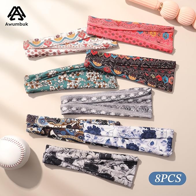 Headbands for Women, 8 Pack Non-Slip Moisture Wicking Sports Wide Head Bands, Stretchy Elastic Fabric, Multiple Colors Securing Hair for Fashion, Sports, Yoga, Running, Daily Life