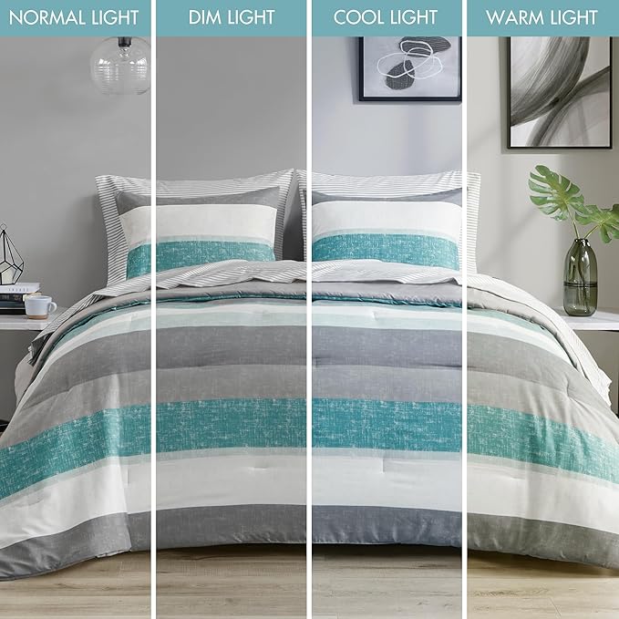 Madison Park Essentials King Comforter Set, Bed in A Bag Comforter & Sheet Set, Modern Casual Stripes Print, All Seasons, Soft Microfiber Bedding Makeover, Matching Shams, Cal King Aqua/Grey 7 Piece