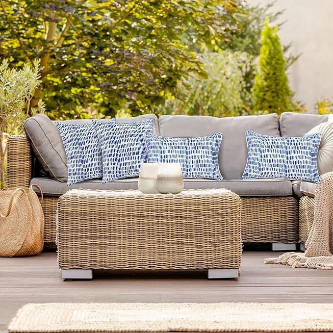JMGBird Water-Resistant Outdoor Pillows Set of 2, 18x18 inch Durable White with Gradient Square Pattern Throw Pillows with Inserts for Patio Furniture