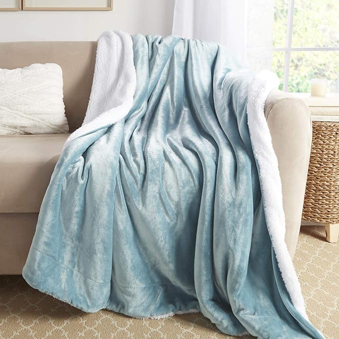 Genteele Sherpa Throw Blanket Super Soft Reversible Ultra Luxurious Plush Blanket, 60 x 80 inches, Tourmaline Blue/White