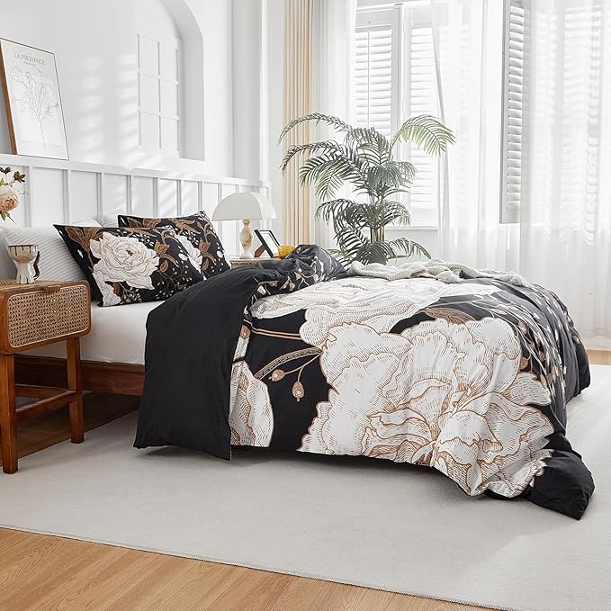 mixinni Floral Comforter Set King Size,3 Pieces Botanical Bedding Comforter Sets, White Flowers and Gold Leaves Printed on Black, Soft Fluffy Reversible Farmhouse Boho Comforter for All Season