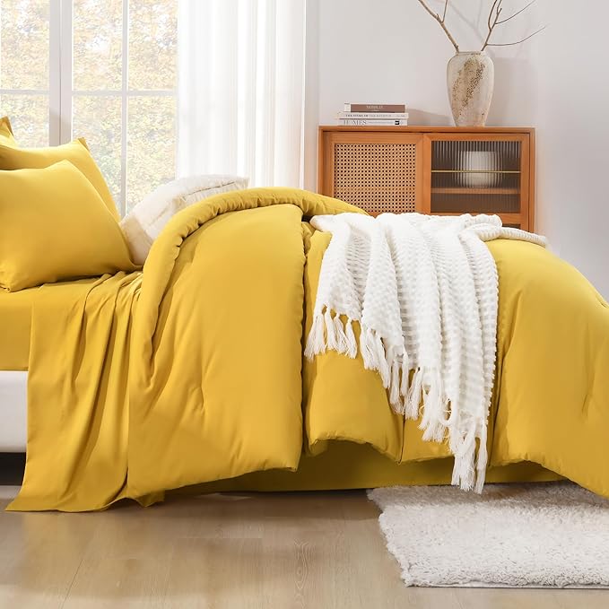Litanika Comforter California King Size Set Mustard Yellow - 7 Pieces Bed in a Bag California King Bedding Comforter Sets, Plain Lightweight Bed Set with Comforter, Sheets, Pillowcases & Shams