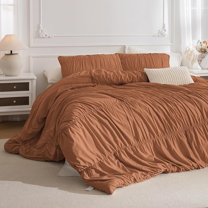 Lady Ann Oversized King 120x120 Comforter Set - Pumpkin Ruched Bedding, 3-Piece Fluffy Bedding Comforter Set for Women, Ultra Soft and Luxurious All-Season Boho Bedding Set for Bedroom.