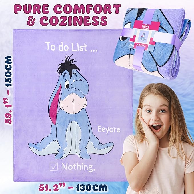 Disney Eeyore Throw Blanket Soft Fleece Blanket Bedroom Comforter 59 x 51” (Purple Eeyore)