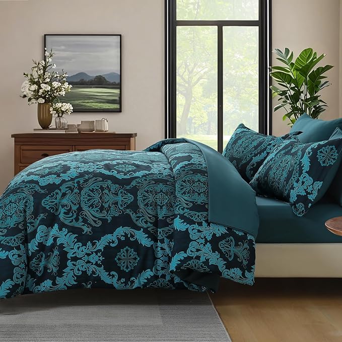 WONGS BEDDING 7 Piece Queen Comforter Set, Teal Texture Breathable Microfiber Comforter Bedding Set for All Season, Damask Bed in a Bag with Comforter, Flat Sheet, Fitted Sheet, Pillowcases & Shams