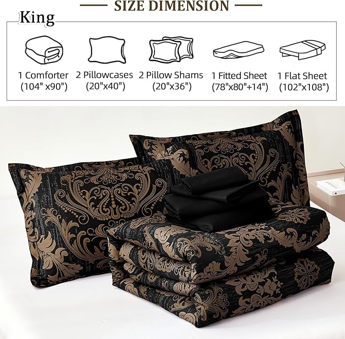 WONGS BEDDING Black Comforter Set California King Size, Gold Damask 7 Pieces Bed in a Bag Microfiber Comforter Bedding Sets -1 Comforter, 1 Flat Sheet, 1 Fitted Sheet, 2 Pillow Shams, 2 Pillowcases