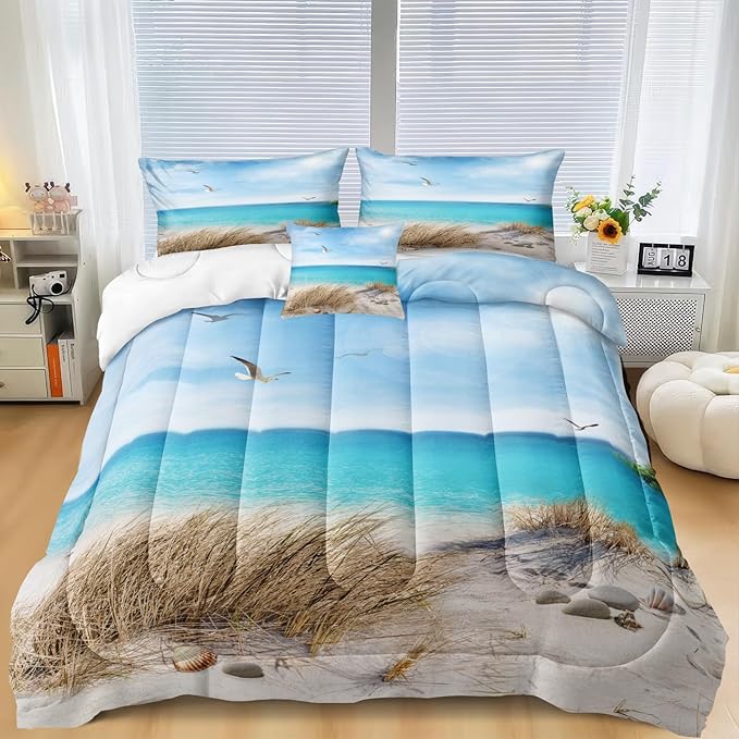 MOVE OVER Blue Ocean Bedding Set Beach Themed Comforter Set Queen Size 4 Pcs White Seagull and Seaside Rocks Seascape Pattern Blue Island Scenery Coastal Bedding Sets Ocean Beach Bedding Sets