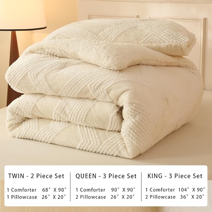 Tufted Boho Comforter Set King - White Fluffy Sherpa Bedding Set, Soft Fuzzy Jacquard Quilt Set, 3 Pieces Cozy Bed Set Warm Comforter for Winter(104"X90")