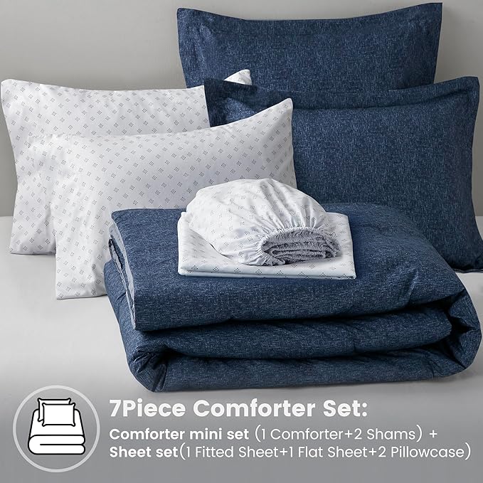 Comfort Spaces Full 7 Pieces Comforter Set, Boho Bed Sets for Full Size, Farmhouse Bedding Sets with Comforter, Gift Bed in a Bag with Comforter, Sheets, Pillowcases, and Shams, Full, Navy