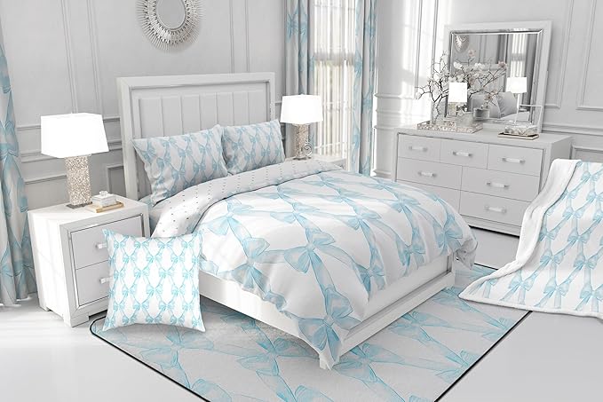 Erosebridal Ribbon Bow Girls King Bedding Set Blue White Bowknot Comforter Set Princess Style Bow Tie Bedding Comforter Sets Dreamy Watercolor Bowknot Quilt Duvet for Kids Bedroom Decor