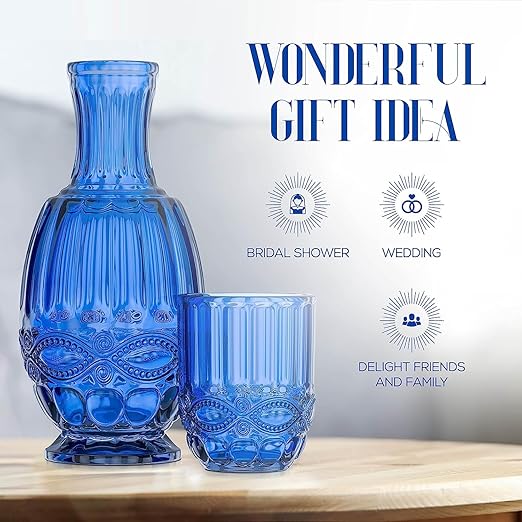 Bedside Water Carafe with Tumbler | 33-Ounce Pitcher and Matching Drinking Glass | Use Cup as a Lid for Carafe | For Guest Room, Nightstand, Office, or Gift | Blue | Elle Decor