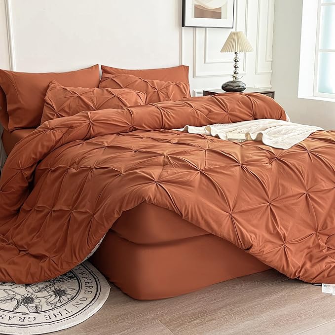 Maple&Stone Twin Comforter Set, 5 Pieces Twin Bedding Sets, Pinch Pleat Bed in a Bag Twin with Comforter, Sheets, Pillowcase & Sham - Burnt Orange