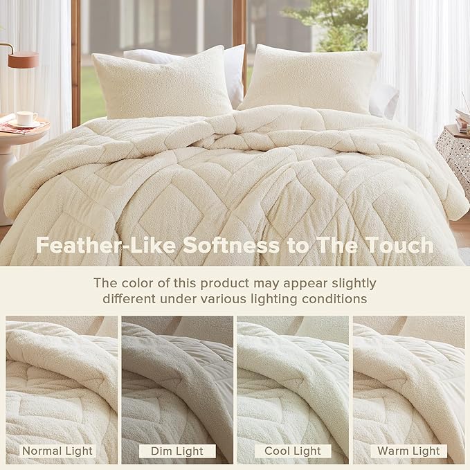 Comfort Spaces Twin Comforter Set Reversible Feather-Soft Plush Comforters for Twin Size Bed All Season Lightweight Shearling Fleece Sherpa Comforter Twin Size Bed Set, Twin/Twin XL, Ivory 2 Piece