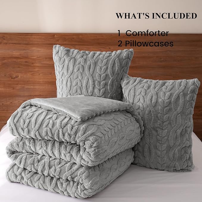 PHF Fluffy Sherpa Fleece Queen Comforter Set, 3 Pieces Warm Fuzzy Soft Bedding for Winter, 3D Tufted Flannel Plush Shaggy Bed Set, 1 Comforter (90"x90") and 2 Pillowcases (20"x26"), Grey