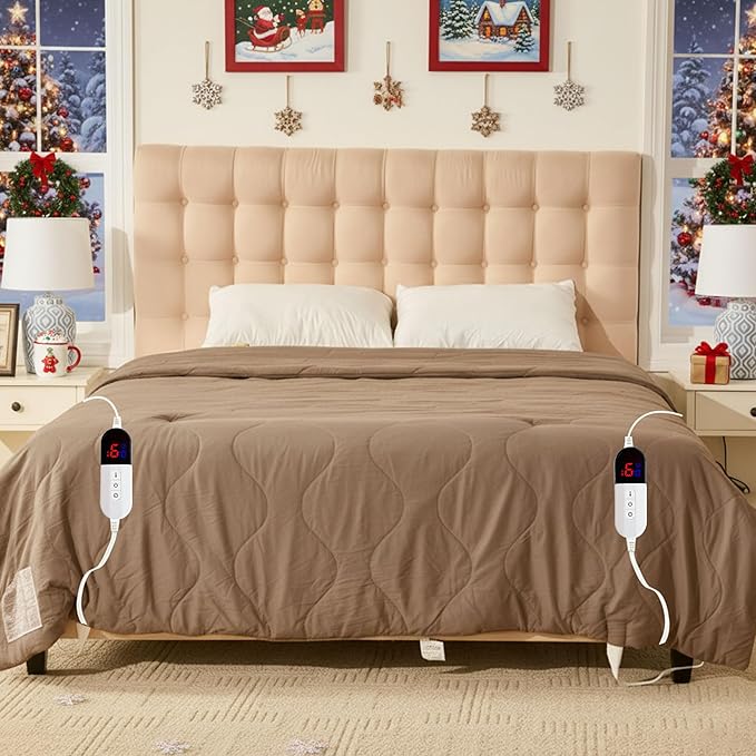 Electric Blanket King Size - Dual Control Heated Blanket King Size, Fast Heating with 10 Time Settings & 6 Heat Settings, Warm Gift (Khaki, King 90" x 104")