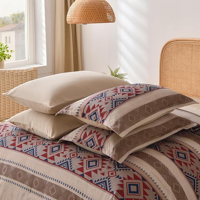 Anibedding King Size Comforter Set 7 Pieces Light Khaki Brown Farmhouse Bedding Comforter Set, Boho Aztec Bed in a Bag Soft Microfiber Bed Set with Sheets, Pillowcases & Shams