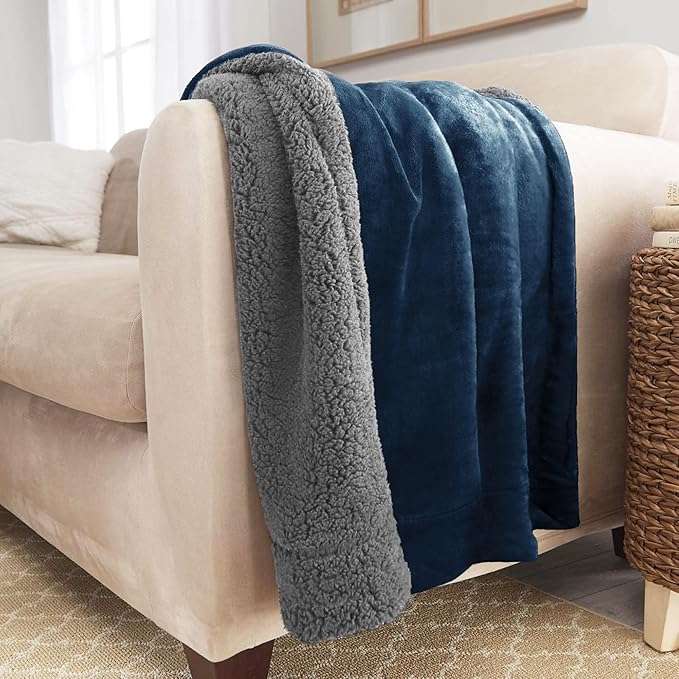 Genteele Sherpa Throw Blanket Super Soft Reversible Ultra Luxurious Plush Blanket, 90 x 90 inches, Navy/Gray