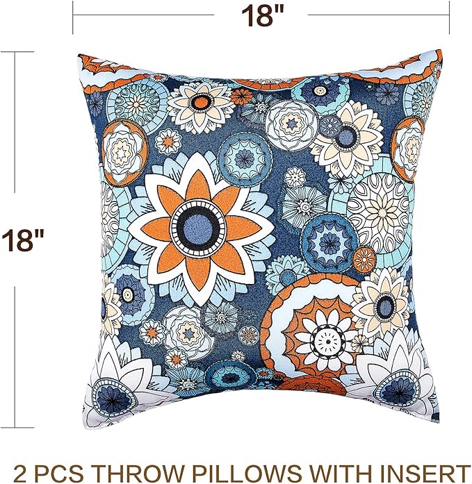 JMGBird Outdoor Pillows Set of 2 with Inserts - 18x18 Waterproof Throw Pillows for Patio Furniture, Navy Blue Sunflower Decorative Cushions