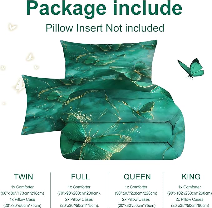Marble Butterfly Emerald Bedding Set for Kids Women Men King Size Dark Green Marbled Comforter Set Modern Marbling Art Quilt Set Giltter Butterflies Bed Set with 1 Comforter + 2 Pillowcases