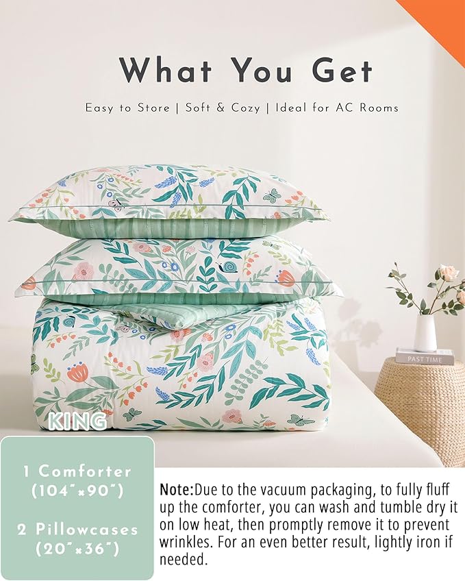 Botanical Cotton Comforter King Size 3Pcs - Cute Garden Floral Design with Green Leaves & Coral and Pink Flowers,Sage Striped Reverse,Lightweight Reversible Bedding Sets(King,104"×90")
