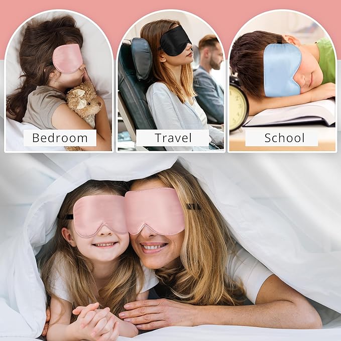 Silk Sleep Mask Eye Cover, 100% Real Natural Eye Mask for Sleeping with Adjustable Strap, 100% Silk Filling Blindfold, sleepmask for Kids/Teens/Adults, Sleeping Masks for Family (2 Pink)