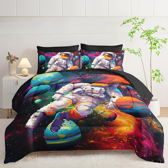 7 Piece Astronaut Themed Comforter Set Queen,Astronaut Bedding for Boys Queen Size,(1 Comforter, 1 Flat Sheet, 1 Fitted Sheet, 2 Pillowcase and 2 Pillow Sham)