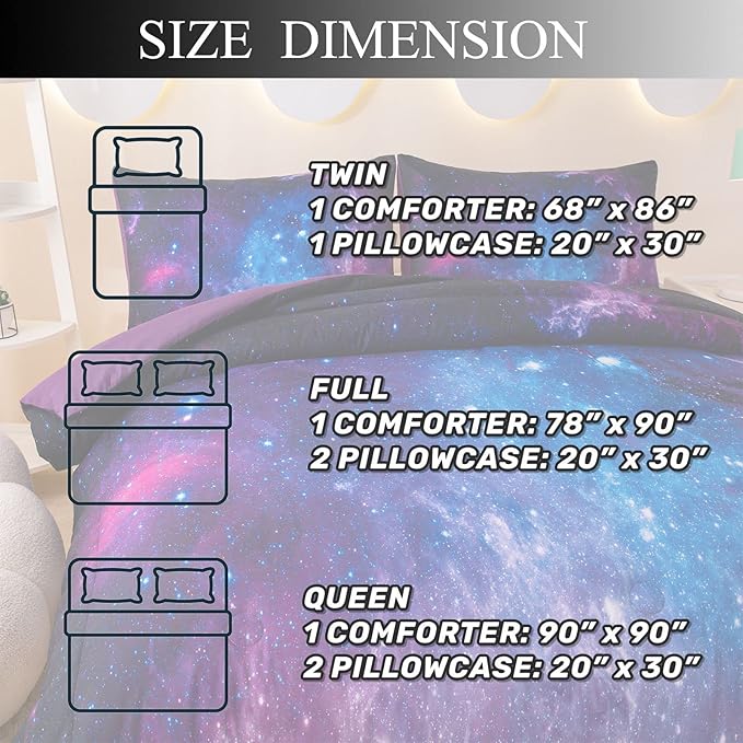 MWMWMW Galaxy Comforter Set Queen, Purple Queen Comforter Set, Kids Bedding Set for Girls, 3 Pieces Purple Galaxy Beddingt Sets with 2 Matching Pillowcases