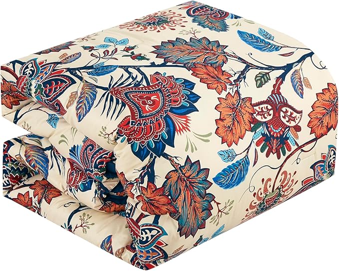 Chezmoi Collection Azura 3-Piece Floral Comforter Set Queen - Multicolor Blue Red Orange Cream Printed Microfiber Lightweight Bedding Set for All Season