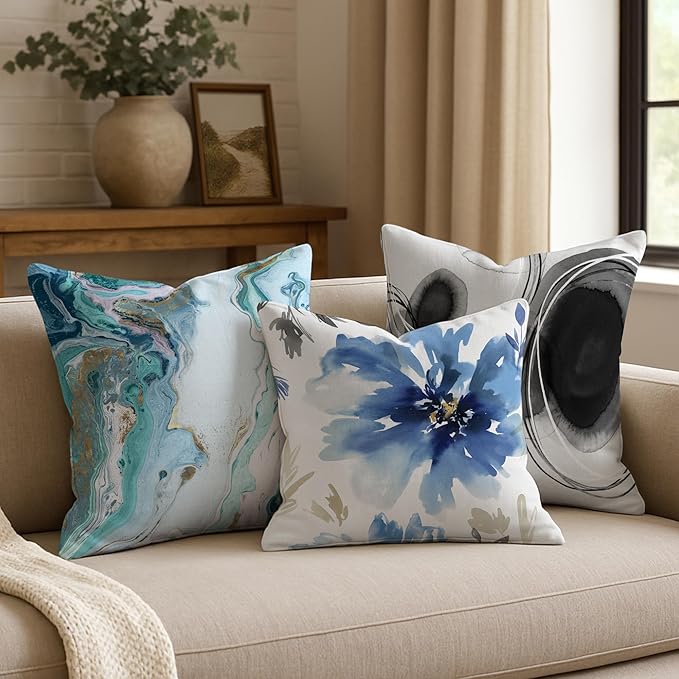 Americanflat 18x18 Throw Pillow with Sewn-in Insert - All-in-One Decorative Pillows - No Cover Needed - Soft and Durable Cushion for Bed or Sofa - Polyester - White and Indigo