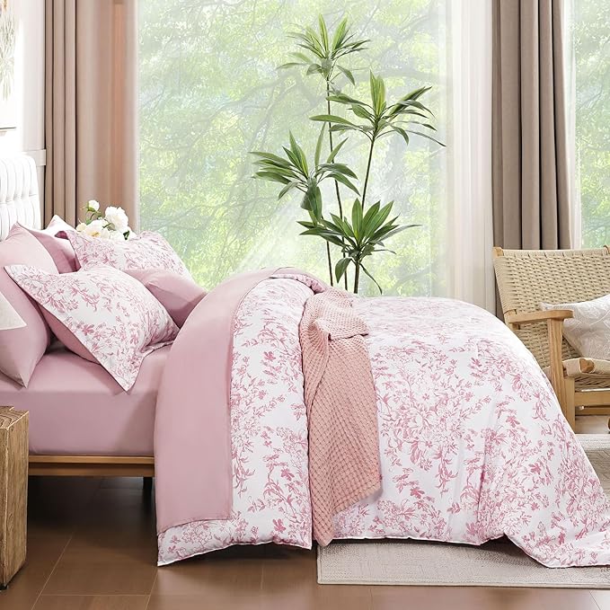 WONGS BEDDING Queen Size Comforter Set, 8 Pieces Pink Floral Bed in a Bag Comferter Sets, Botanical Print Soft Fluffy Microfiber Complete Bedding Sets for All Season (90"x90")