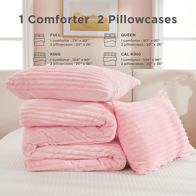 Andency Fleece Full Comforter Set, 3 Pieces Pink Comforter Set for Full Size Bed, Soft Warm Fluffy Fuzzy Bedding Set for Winter (1 Comforter & 2 Pillowcases)