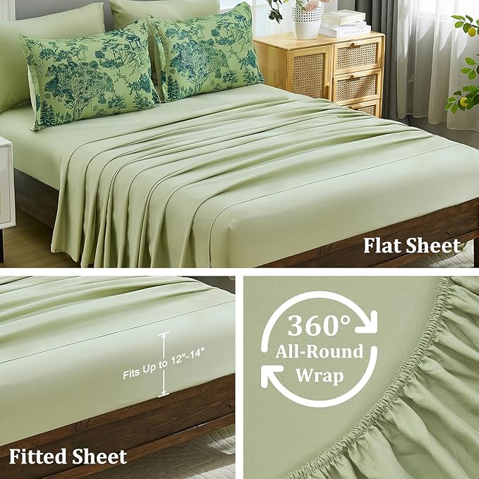 DJY Queen Size Comforter Sets, 7 Pieces Green Botanical Comforter Set with Sheets Bed in a Bag Queen White Elegant Plants Print Soft Microfiber Reversible Complete Bedding Sets for All Season
