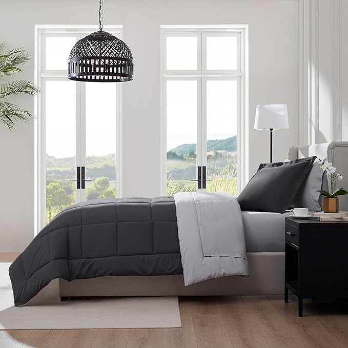 Nestl 5 Piece Twin Comforter Set – Dark Grey Reversible Bed in a Bag – Complete Twin Size Bedding Set with Sheets, Pillowcase and Sham