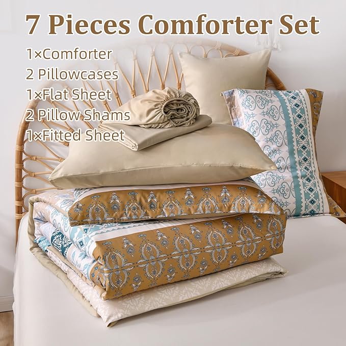 WONGS BEDDING Boho Comforter Set King, 7 Pieces Beige Striped Bed in a Bag Comforter and Sheet Set, Bohemian Floral Striped Comforte Bedding Set,Soft Microfiber Complete Set for All Seasons 104" x 90"