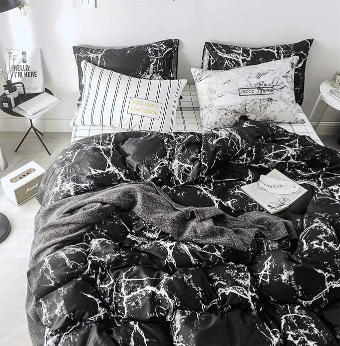 Cottonight Black Marble Comforter Set Full Marble Bedding Comforter Set Black and White Abstract Modern Blanket Quilts Marble Texture Comforter Black Bedding Set for Men Women Adults Kids