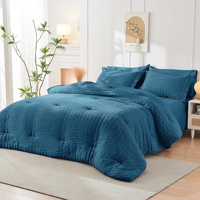 HYMOKEGE Teal Full Size Comforter Sets Seersucker 7 Pieces, All Season Luxury Bed in a Bag for Bedroom, Bedding Set with Comforters, Sheets, Pillowcases & Shams