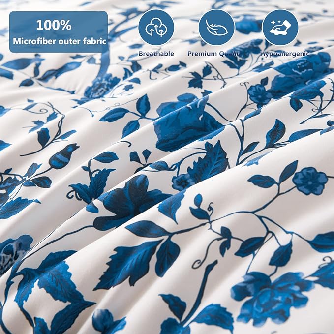 King Size Comforter Set - 7 Pieces Bed in a Bag Soft Microfiber Bedding Comforter Set Leaves Floral Pattern on White Comforter Sets with Sheets for All Seasons (King, Blue)