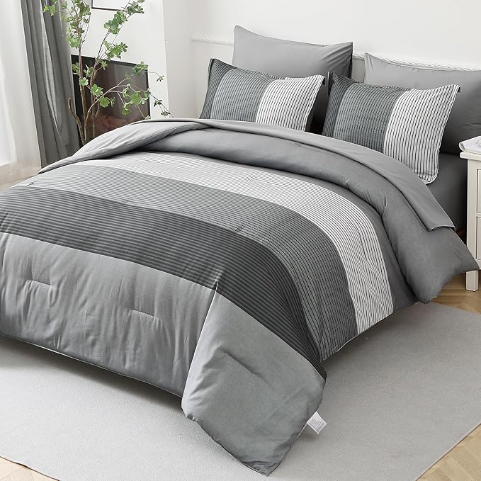 7 Pieces Grey Striped Comforter King Size - Ombre Grey Bed in a Bag Bedding Comforters Set, All Season Microfiber Complete Bedding Set with Flat/Fitted Sheet, Pillowcases and Pillow Shams